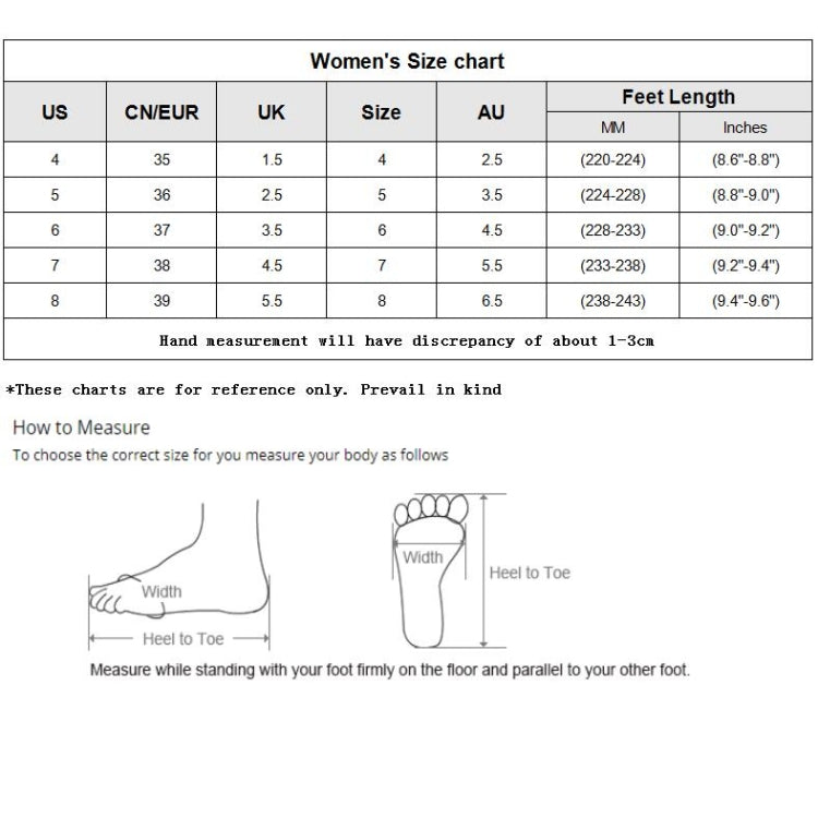 Women’s size chart with US, UK, and feet-length measurement table
