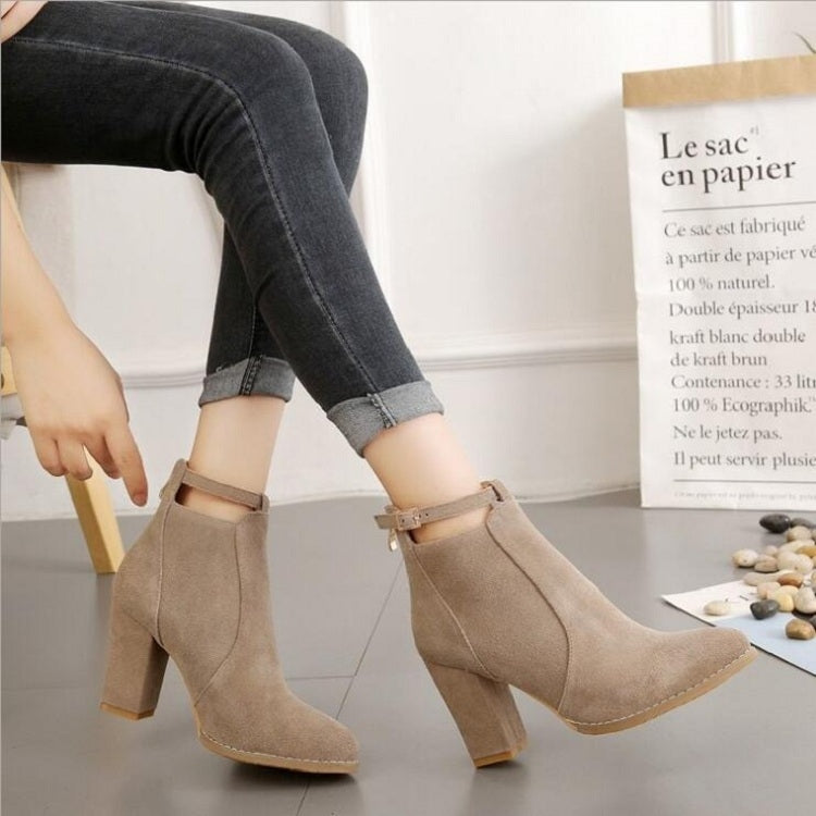 Camel suede ankle boots with pointed toe and high block heel