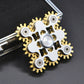 Silver gear linkage fidget spinner with gold brass teeth and rotating center disc
