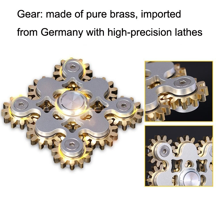 Brass-tooth gear fidget spinner with silver face and inset close-up details