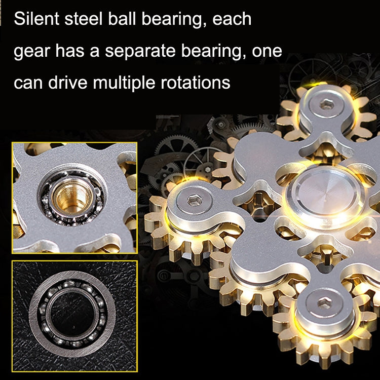 Gear fidget spinner with silver gears, gold teeth, and visible bearing heads