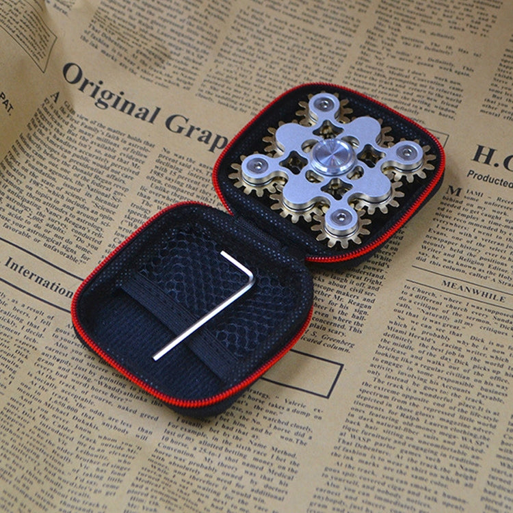 Gear fidget spinner in dark blue zipper case with silver and brass gears visible