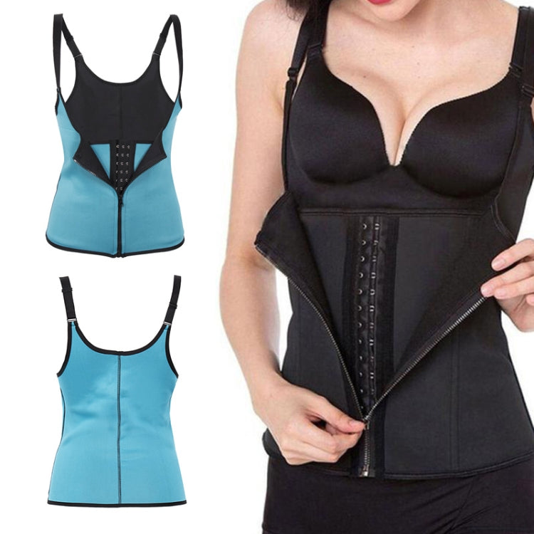 Teal rubber belly belt corset with front zipper, grommet panel, back buckle