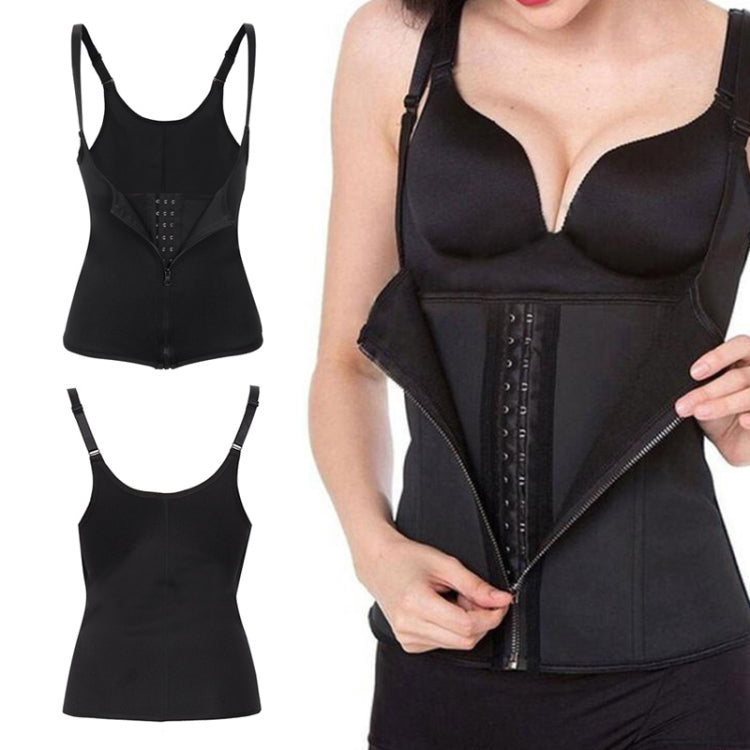 Black rubber corset belly belt top with front zipper, grommet panel, and adjustable spaghetti straps