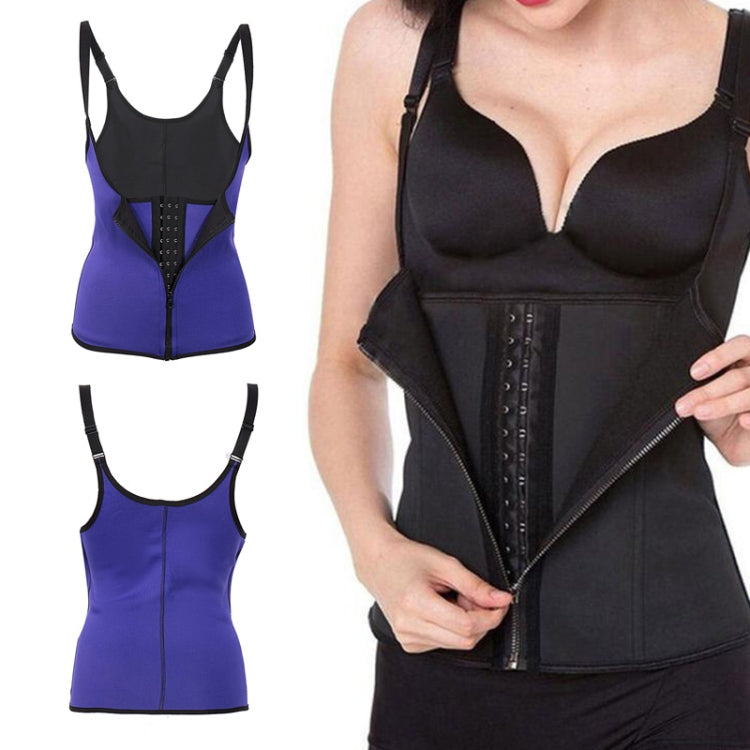 Purple rubber corset with black shoulder straps, front zipper, grommet panel