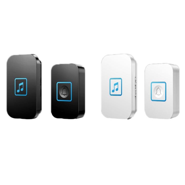 Wireless doorbell transmitters, black and white versions, music and bell icons on panels