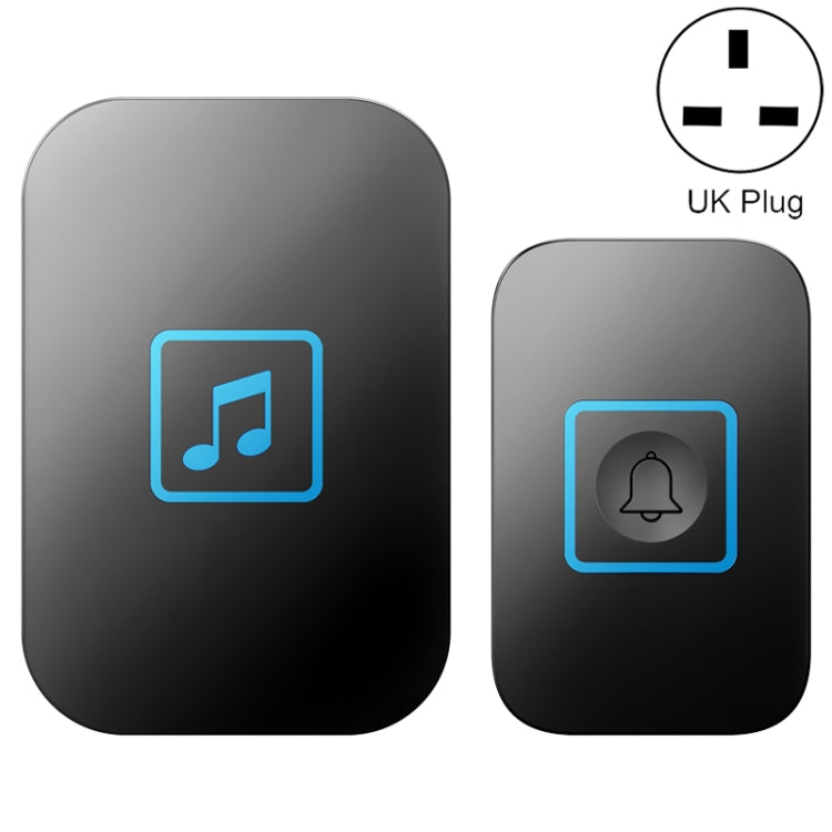 Wireless music doorbell transmitter set, black finish, UK plug, with music and bell buttons