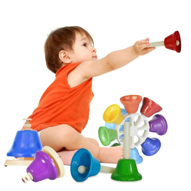 Eight-tone bell percussion toy with multicolor bells on a base, child holding an orange bell