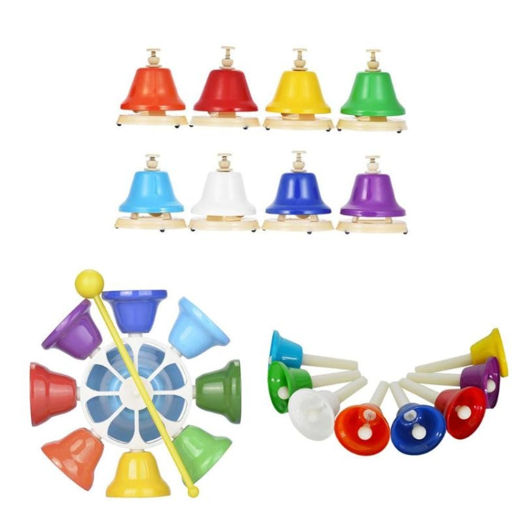 Eight-tone bell percussion toy showing eight raised multicolor bells on small bases