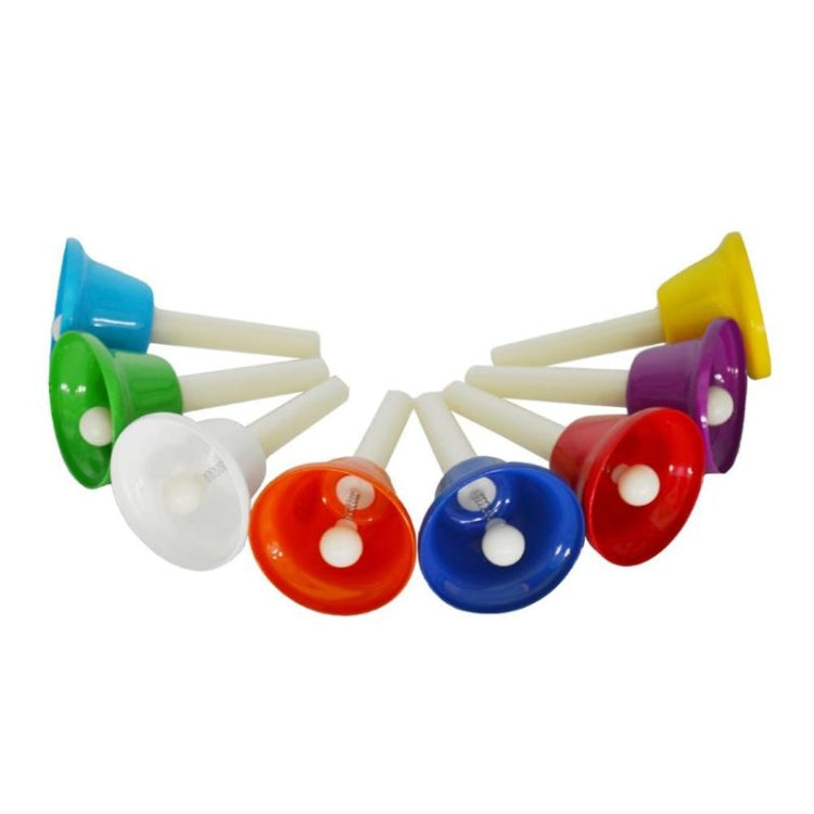Eight-tone bell percussion toy with multicolor bell heads and white handles fanning out