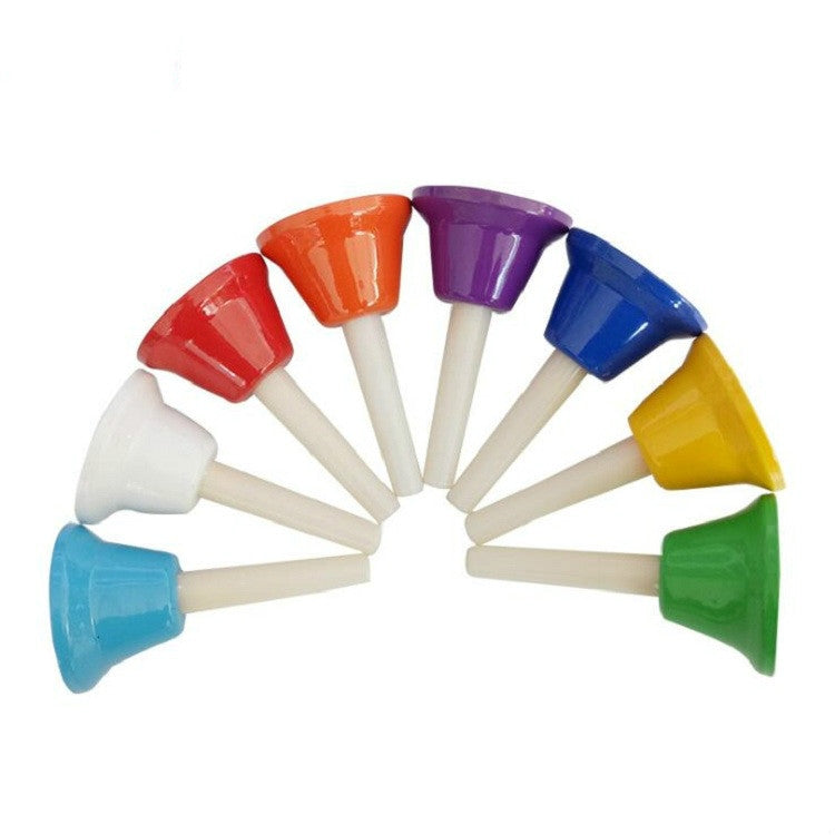 Eight-tone bell percussion toy fan of multicolor bells on white stems