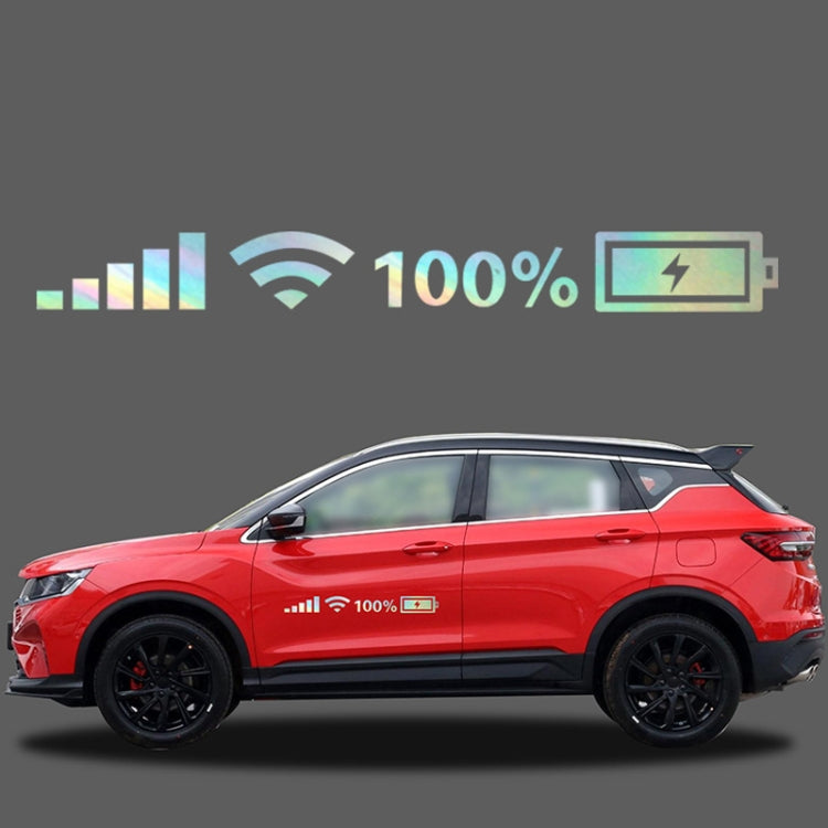 Car windshield vinyl decals with blue WiFi and power icons on a red SUV