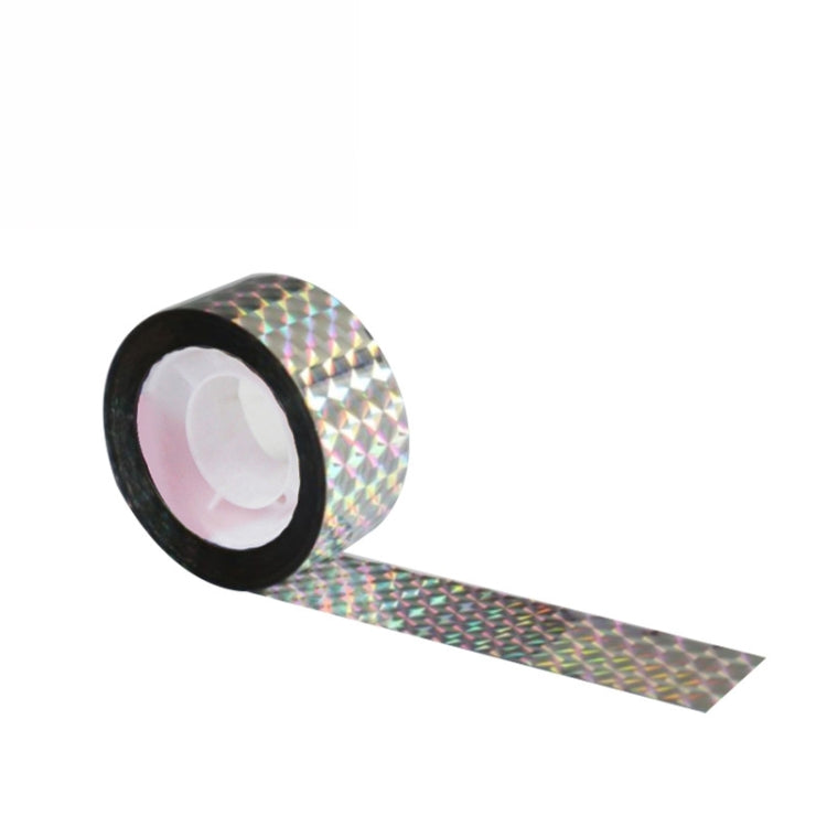 Iridescent reflective bird repeller ribbon roll with black edge and metallic strip length