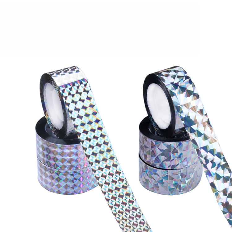 Two rolls of reflective iridescent bird repeller ribbon with black cores