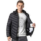 Black hooded heated puffer jacket on model, full zip front and side pockets