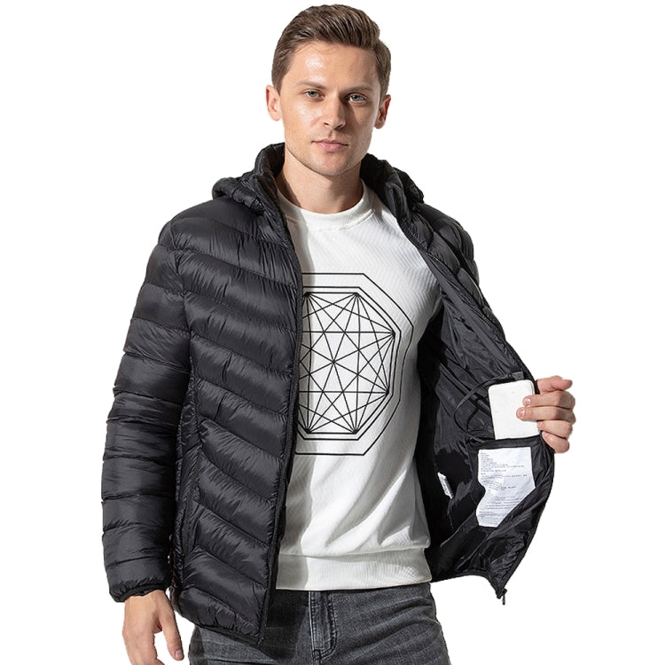 Black hooded heated puffer jacket on model, full zip front and side pockets