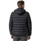 Black heated puffer jacket back view with hood, stitched horizontal baffles