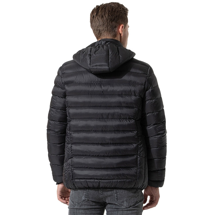 Black heated puffer jacket back view with hood, stitched horizontal baffles