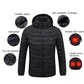 Black heated puffer jacket with hood, zipper pockets, and labeled heated areas