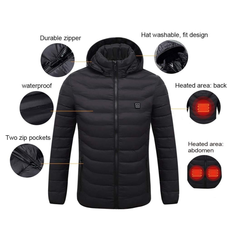 Black heated puffer jacket with hood, zipper pockets, and labeled heated areas