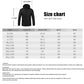 Heated jacket size chart with length, shoulder, bust, and hem measurements