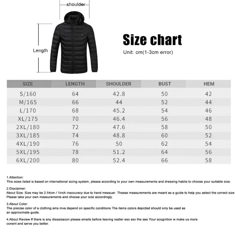 Heated jacket size chart with length, shoulder, bust, and hem measurements