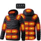 Black heated puffer jacket showing back and front glowing heat zones