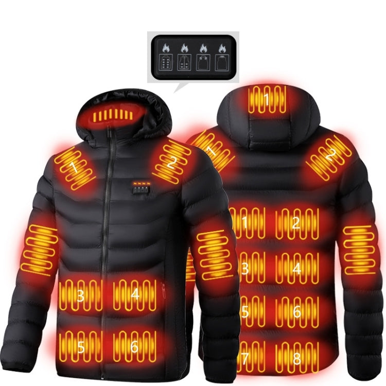 Black heated puffer jacket showing back and front glowing heat zones