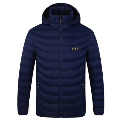 Blue heated puffer jacket with hood, full front zipper, small front control panel