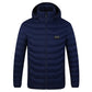 Blue heated puffer jacket, hooded neck, zip-front, front heating control display