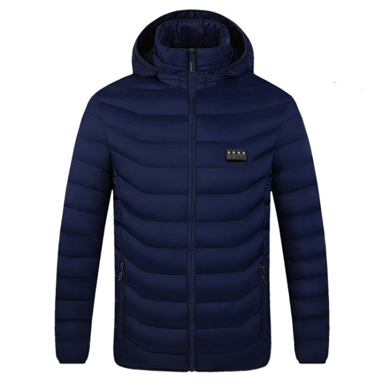 Blue heated puffer jacket, hooded neck, zip-front, front heating control display