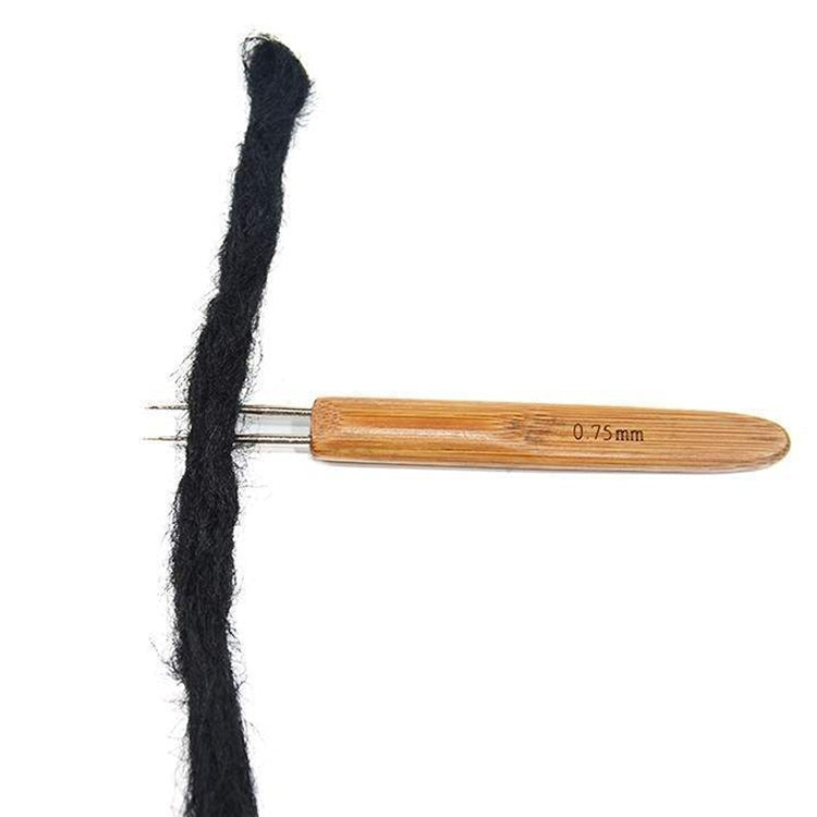 Bamboo braid crochet hook with double-prong metal tip, marked 0.75mm, with yarn