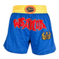 Muay Thai boxing shorts with yellow waistband and blue fabric, red graphic text, flame emblem