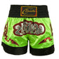 Muay Thai boxing shorts, neon green and black, ZhuoAo sports logo on waistband
