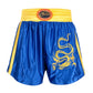 Muay Thai boxing shorts, royal blue with yellow waistband, gold dragon graphic on leg