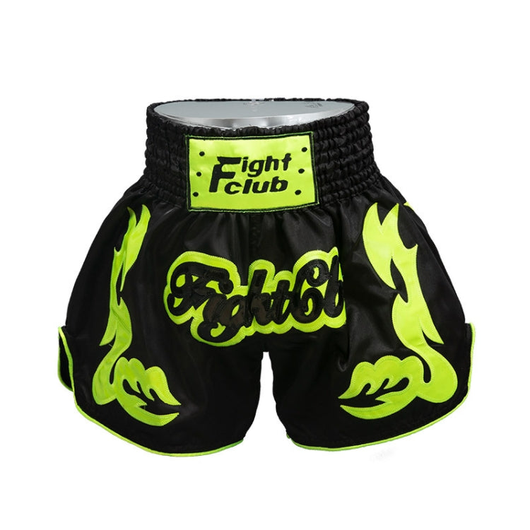 Muay Thai boxing shorts, black with neon green accents, Fight Club patch on waistband