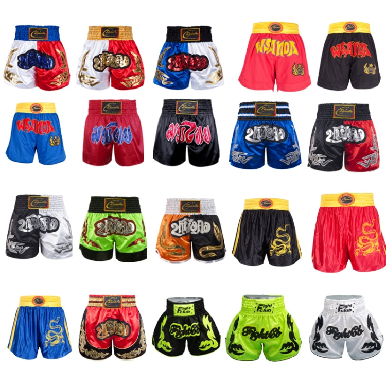 Assorted Muay Thai boxing shorts in multiple colors with various flame and logo designs