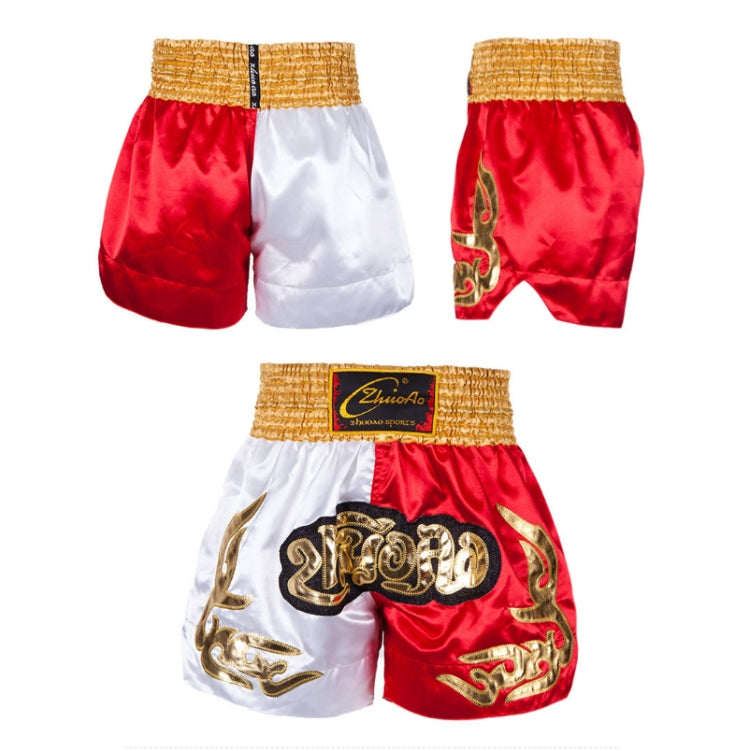 Muay Thai boxing shorts with yellow waistband, red and white fabric, and gold emblem print