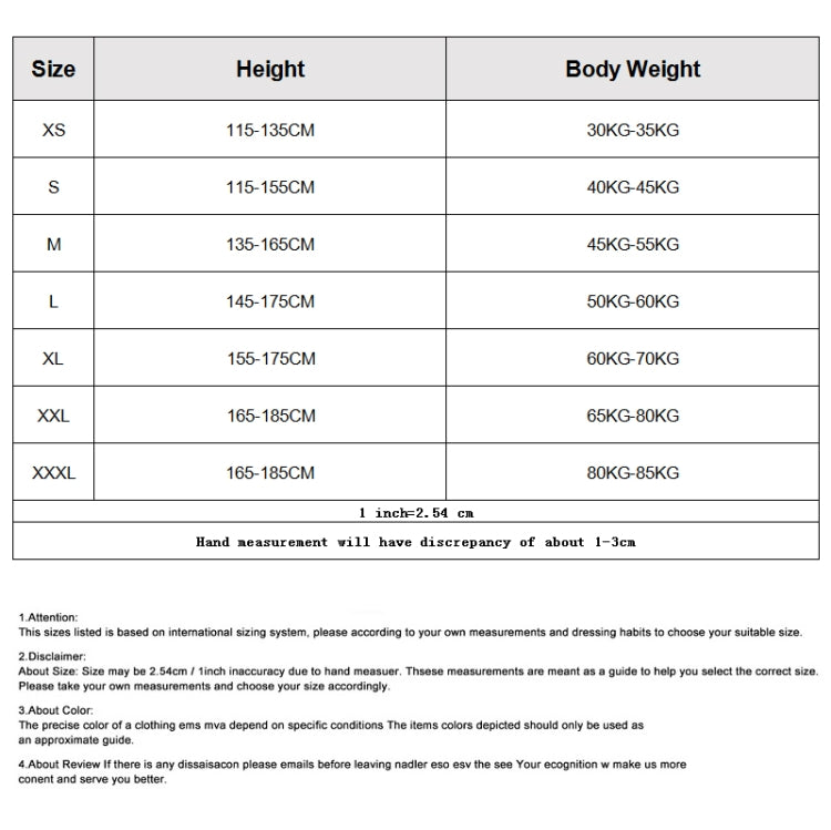 Muay Thai boxing shorts size chart with size, height, and body weight ranges