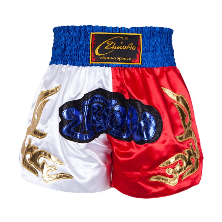 Muay Thai boxing shorts, red and white with blue waistband, ZhuoAo sports logo patch