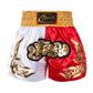 Muay Thai boxing shorts with red and white satin panels, gold dragon prints