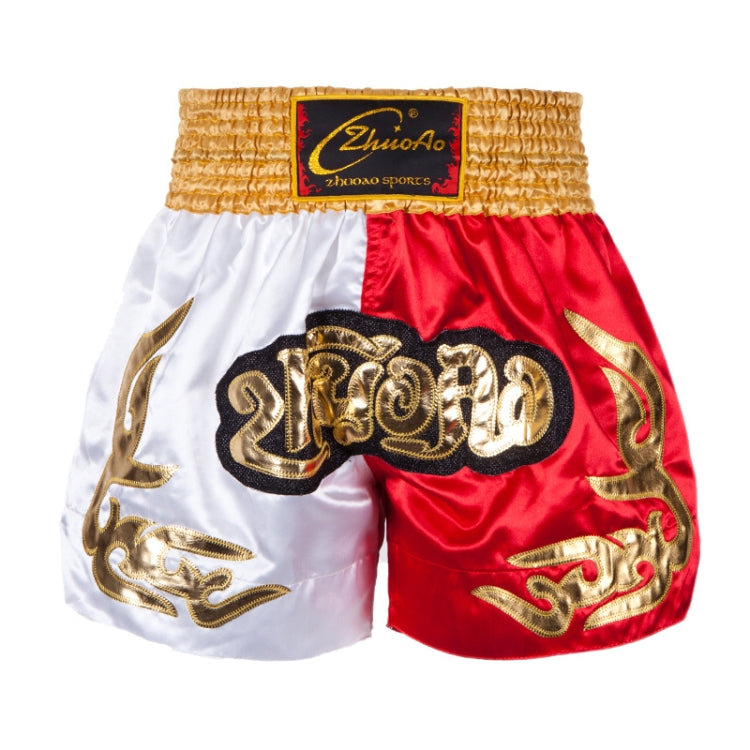 Muay Thai boxing shorts with red and white satin panels, gold dragon prints