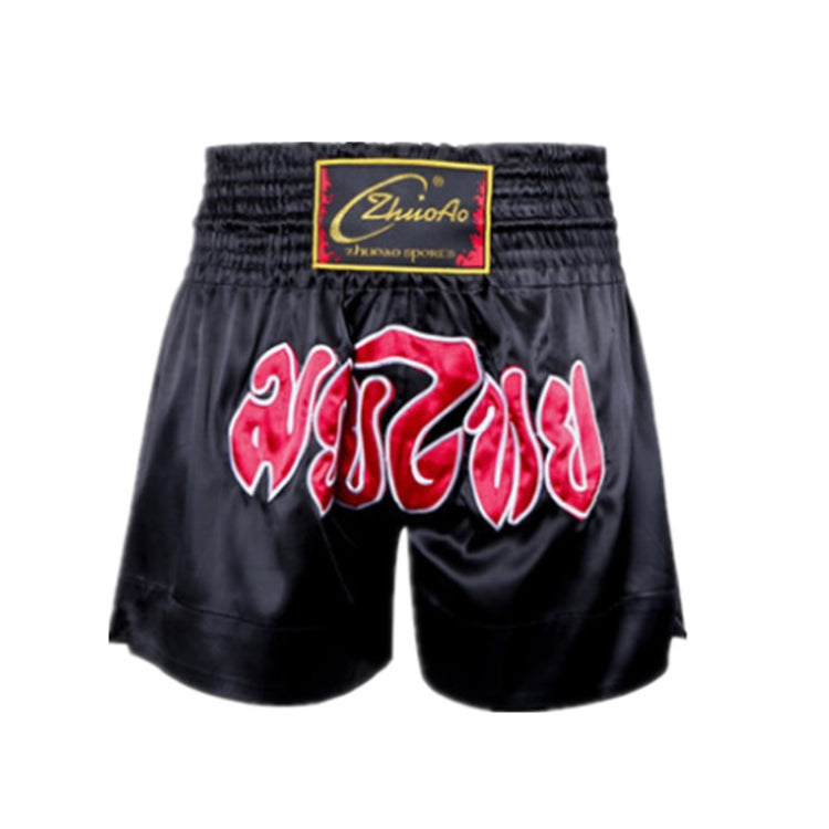 Muay Thai boxing shorts with black fabric, red-and-white graffiti-style logo text