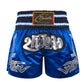 Muay Thai boxing shorts with blue satin panels, silver logo print, elastic waistband
