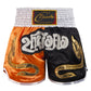 Muay Thai boxing shorts with elastic waistband, white and orange panels, ZhuoAo logo print