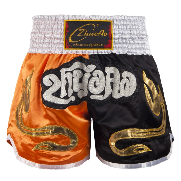 Muay Thai boxing shorts with elastic waistband, white and orange panels, ZhuoAo logo print