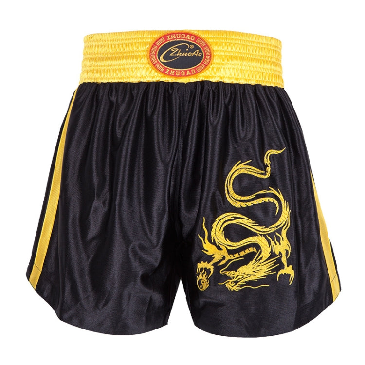 Muay Thai boxing shorts with elastic waistband, black with yellow dragon print and side trim