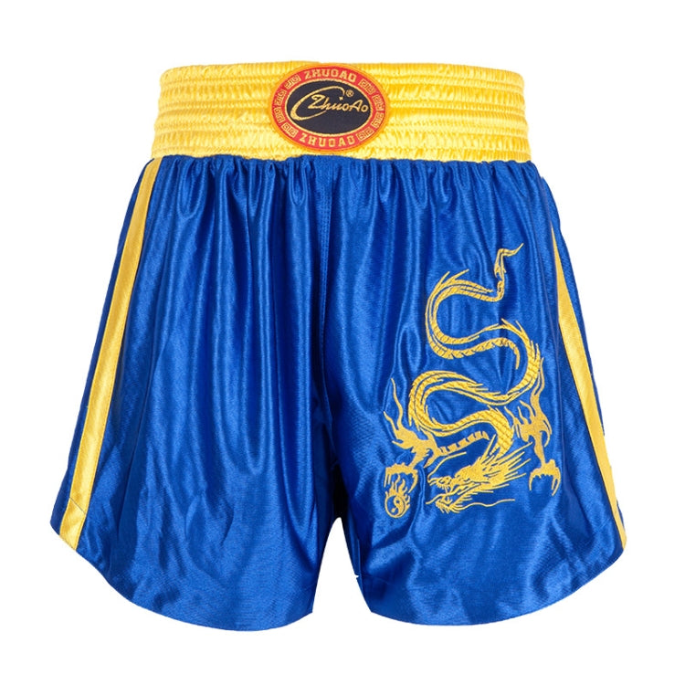 Muay Thai boxing shorts with elastic waistband, royal blue with yellow dragon graphic and trim