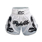 Muay Thai boxing shorts with elastic waistband, white with black flame print and Fight Club logo