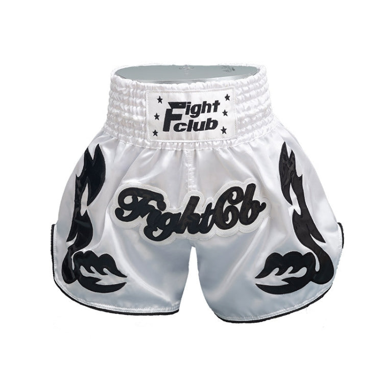 Muay Thai boxing shorts with elastic waistband, white with black flame print and Fight Club logo